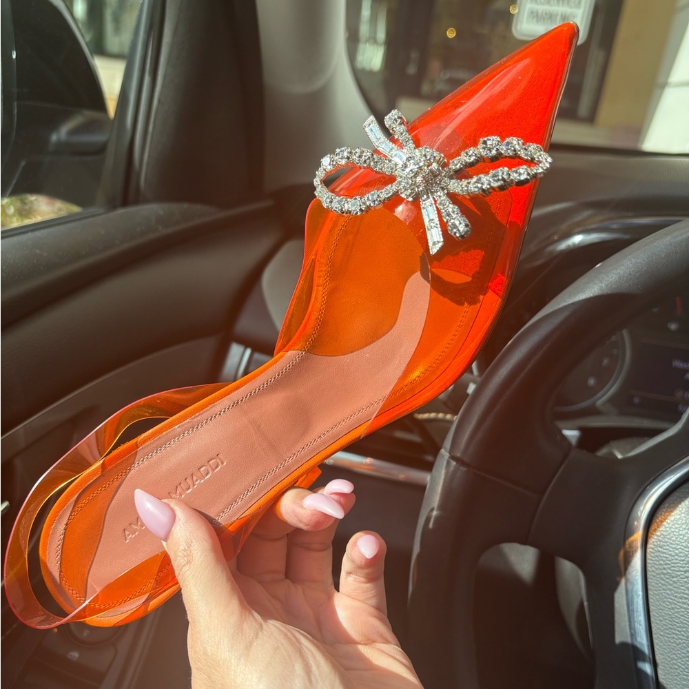 Amina Muaddi Vibrant Orange Heels with Crystal Bow